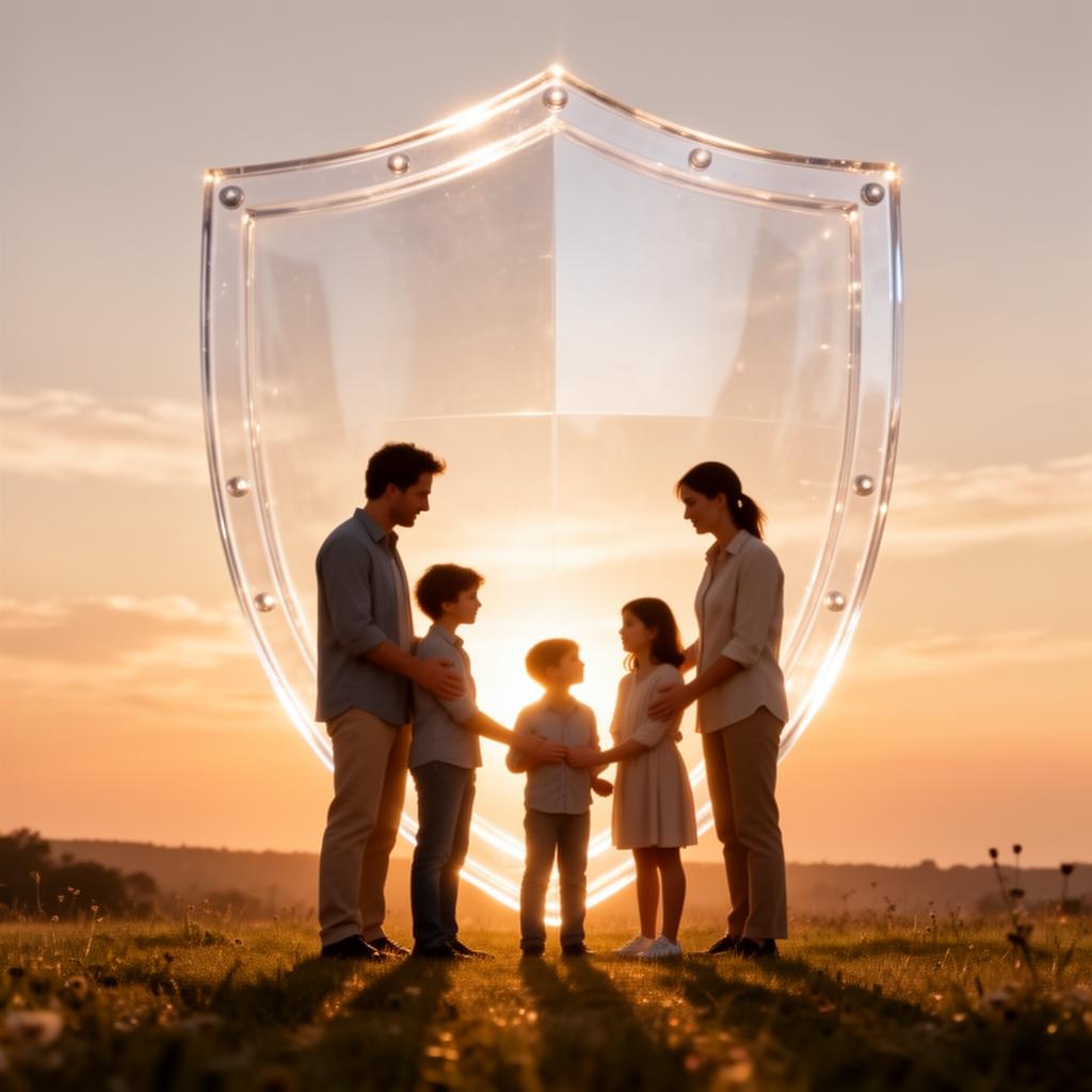 Família protegida sob um grande escudo de luz simbolizando segurança